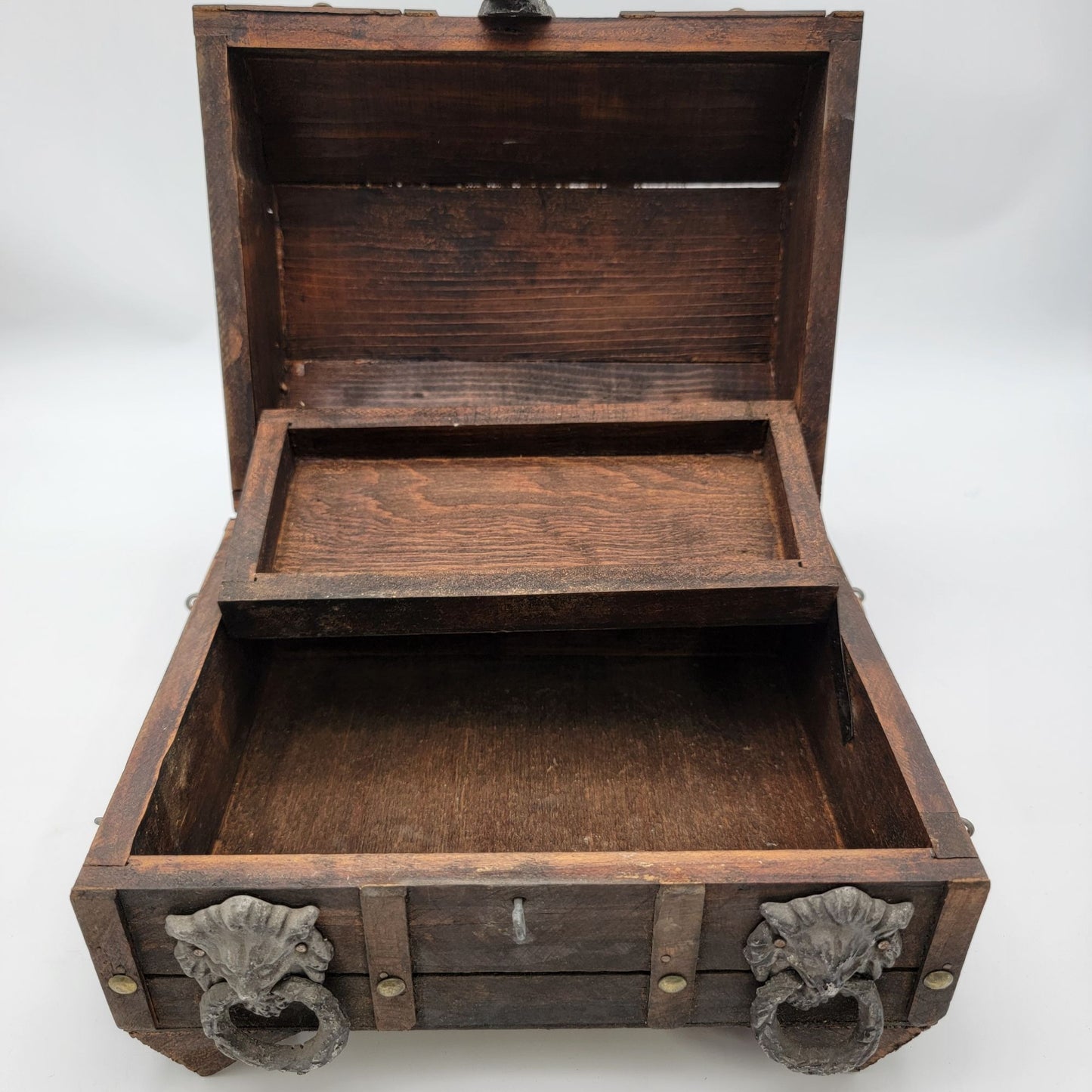 Vintage Wood Treasure Chest With Lion Head Handles
