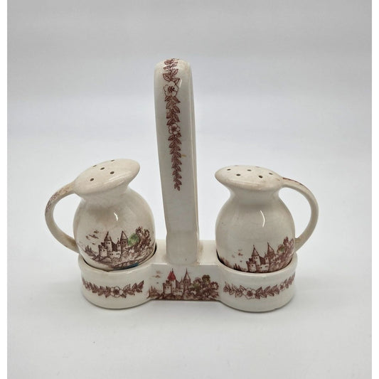 UCAGCO Japan Royal Vista Salt & Pepper Shakers With Handle Caddy Floral Castle Design