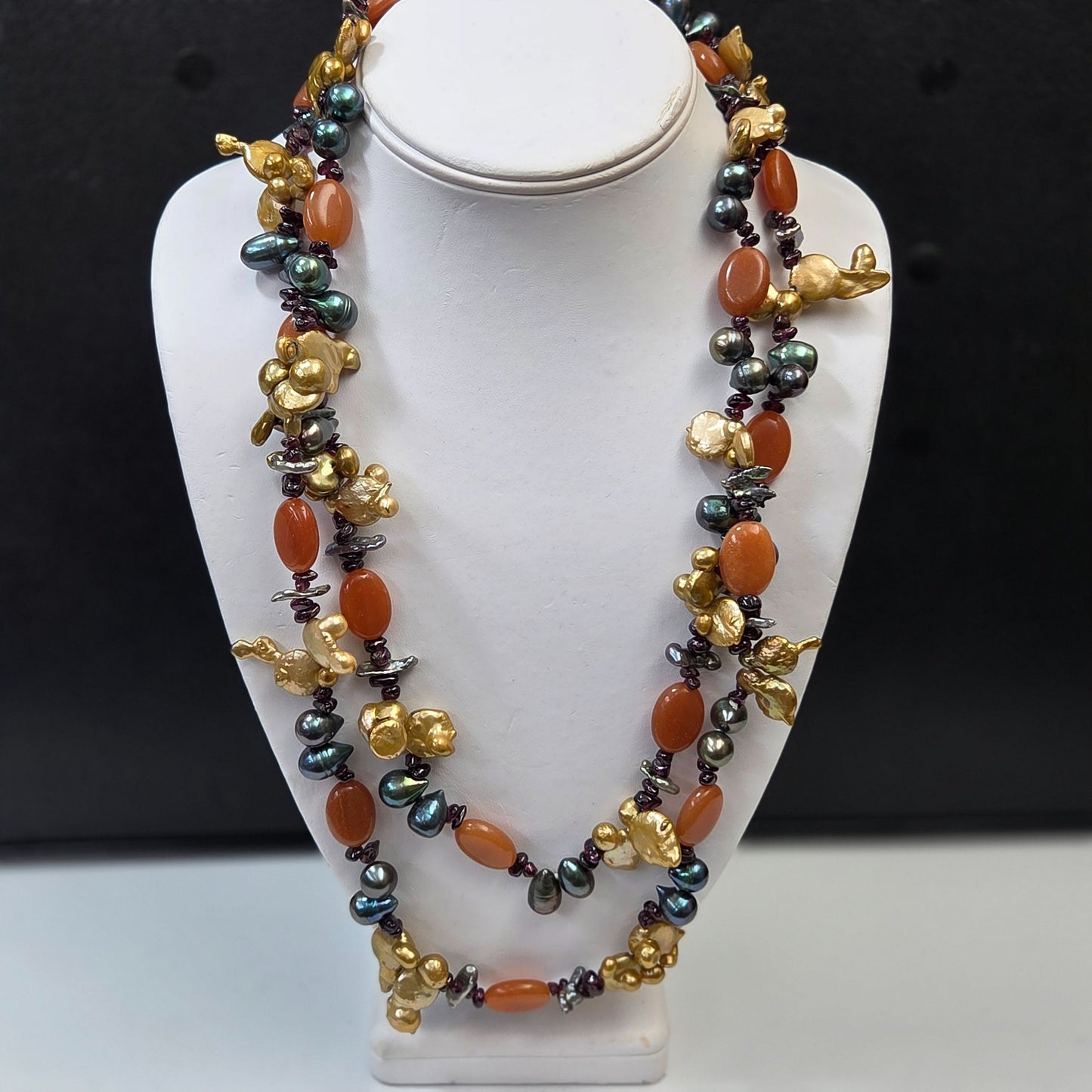 Carnelian Gold Baroque Peacock Biwa Pearls Garnet Necklace 49.5"