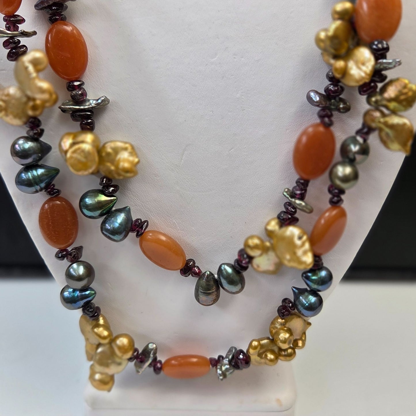 Carnelian Gold Baroque Peacock Biwa Pearls Garnet Necklace 49.5"