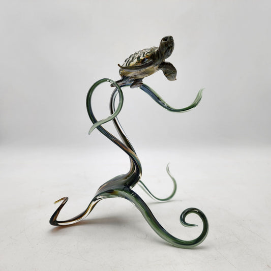 Handcrafted Blown Glass Sea Turtle Sculpture With Swirling Base