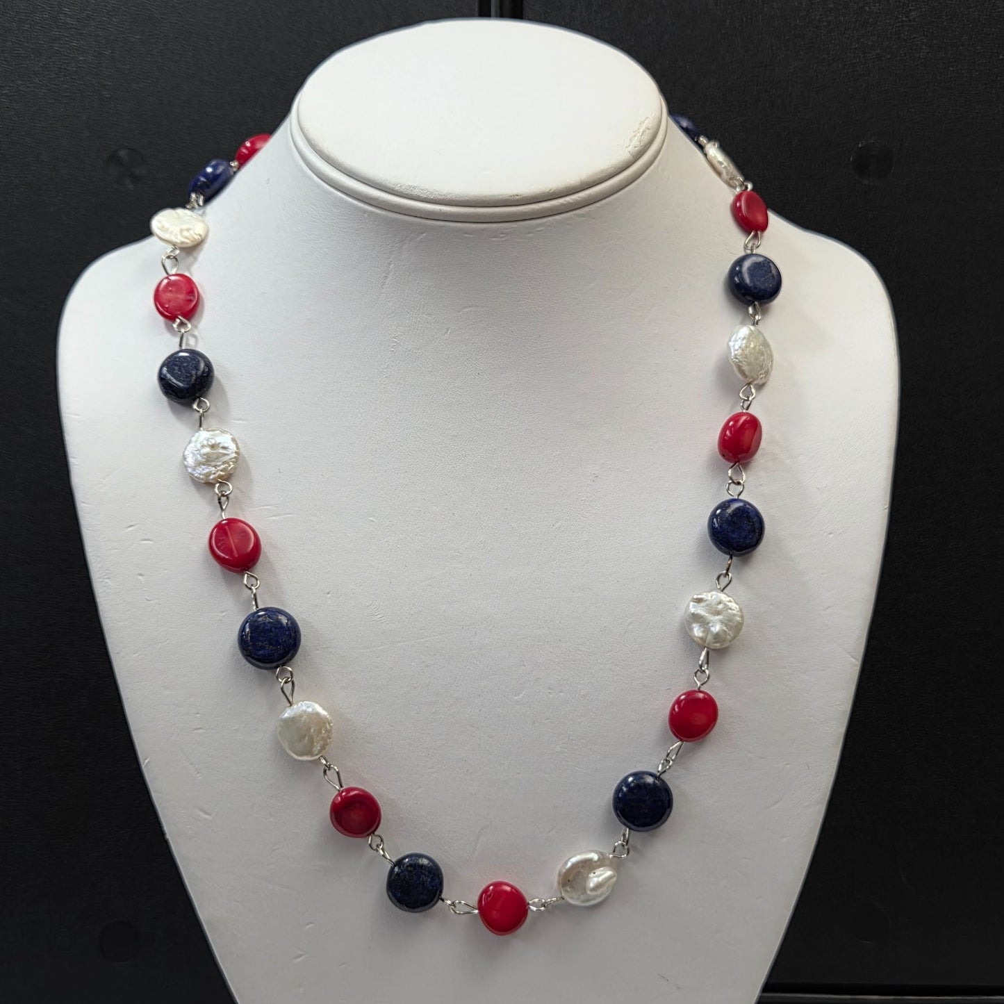 Coin Pearls Red White and Blue Necklace 20" Long