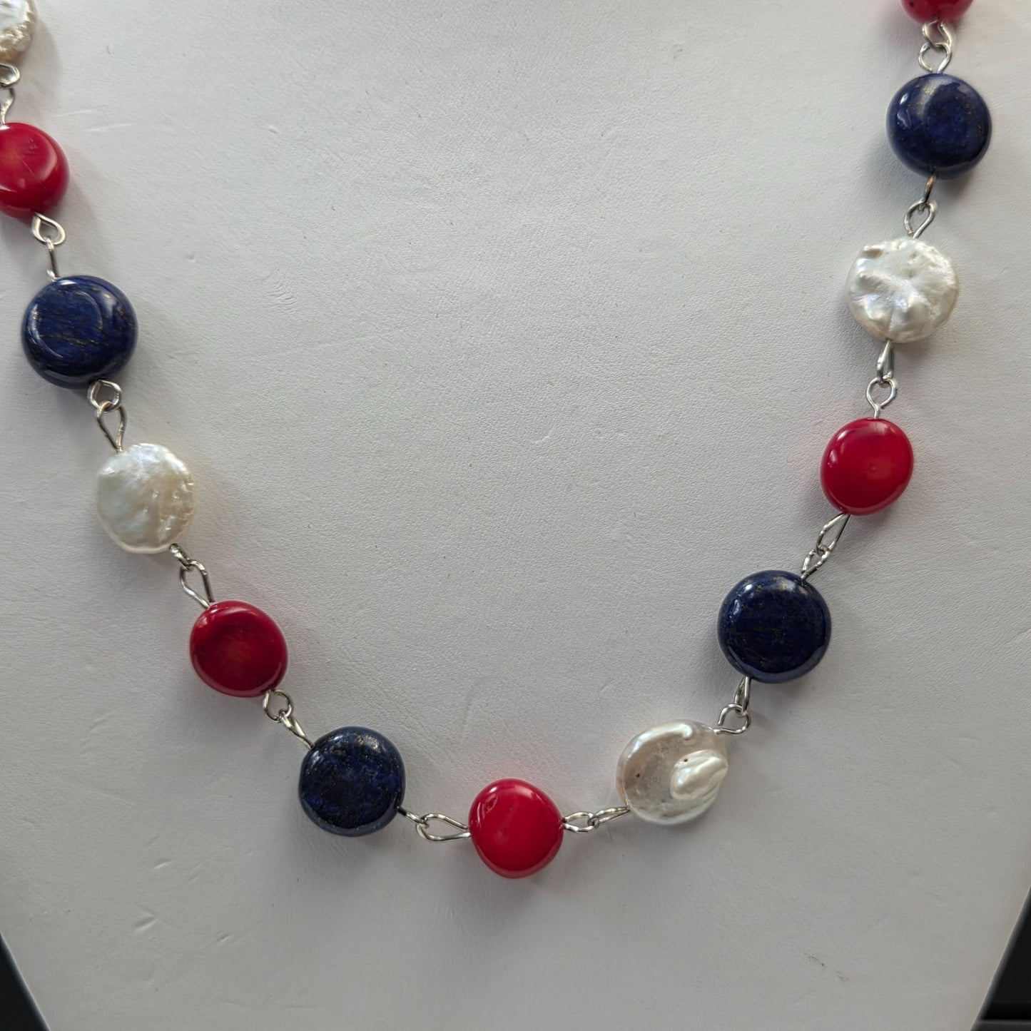 Coin Pearls Red White and Blue Necklace 20" Long