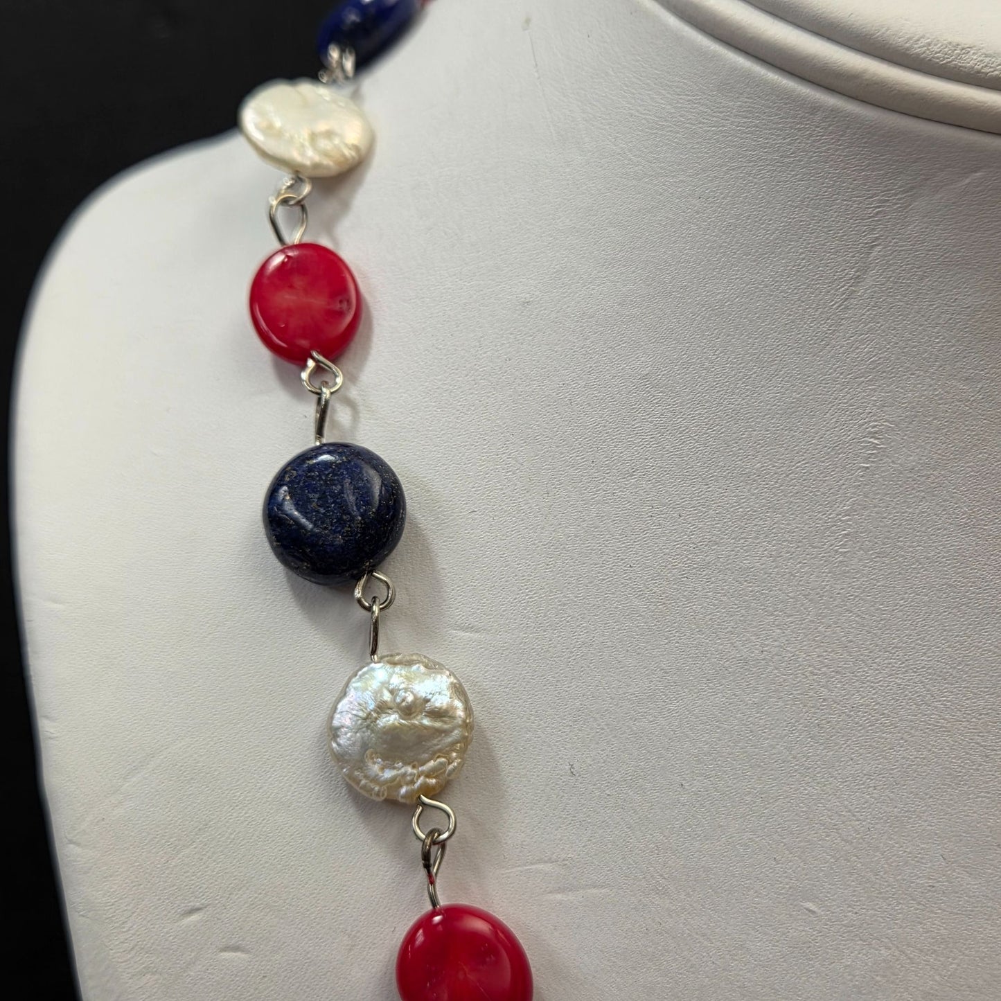 Coin Pearls Red White and Blue Necklace 20" Long