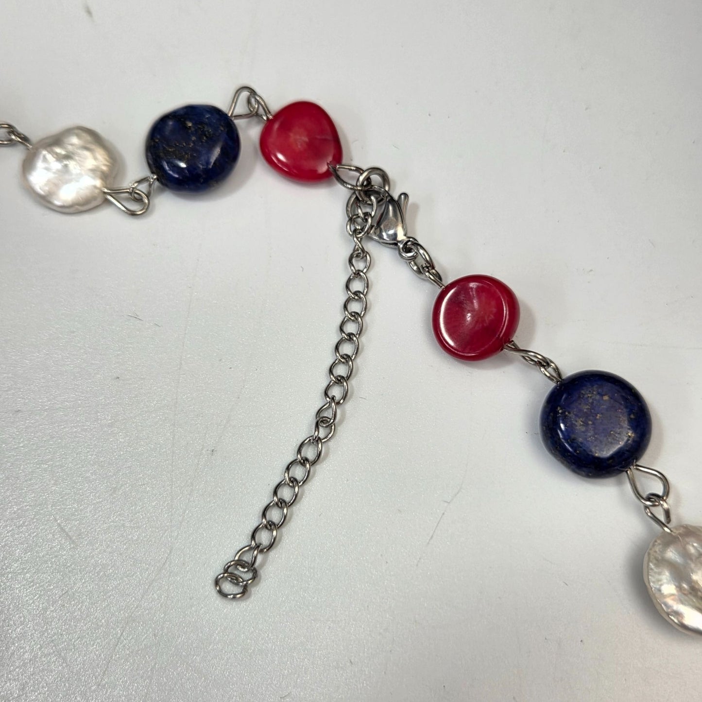 Coin Pearls Red White and Blue Necklace 20" Long