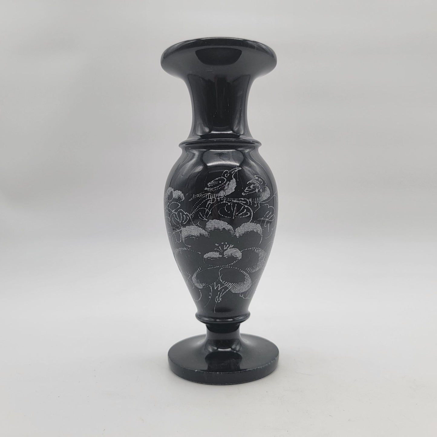 Vintage Dark Grey Marble Etched Vase Birds