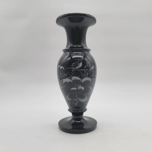 Vintage Dark Grey Marble Etched Vase Birds
