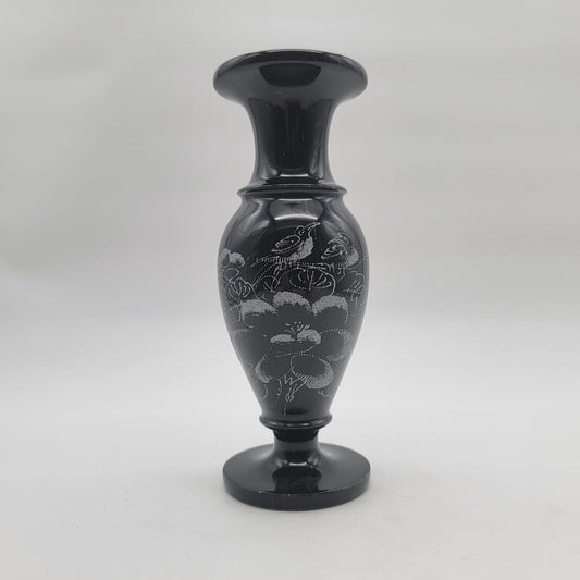 Vintage Dark Grey Marble Etched Vase Birds