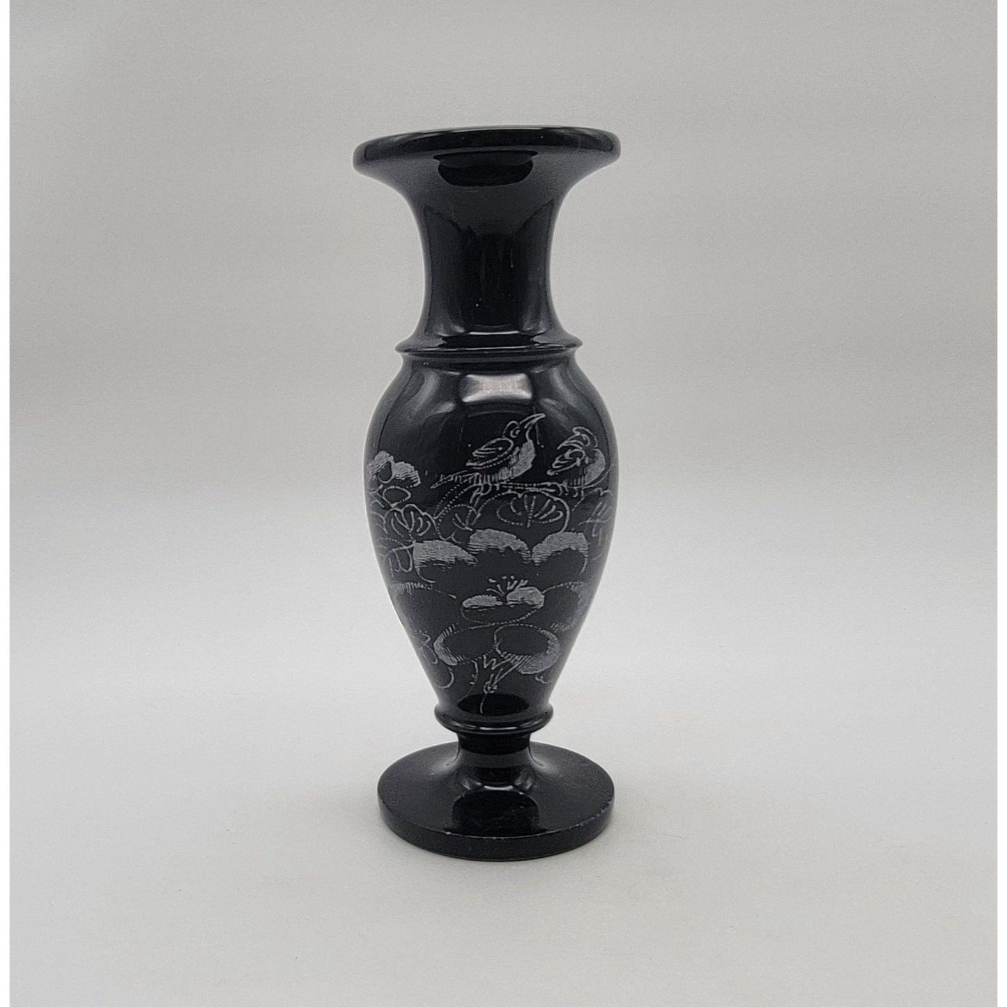 Vintage Dark Grey Marble Etched Vase Birds