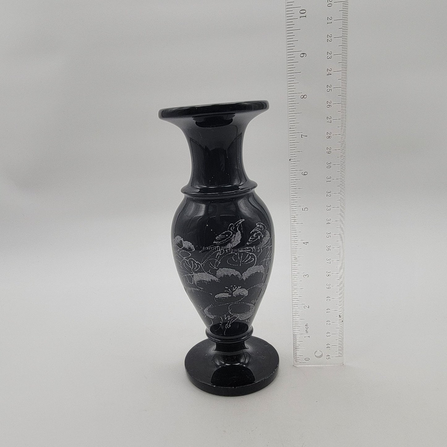 Vintage Dark Grey Marble Etched Vase Birds