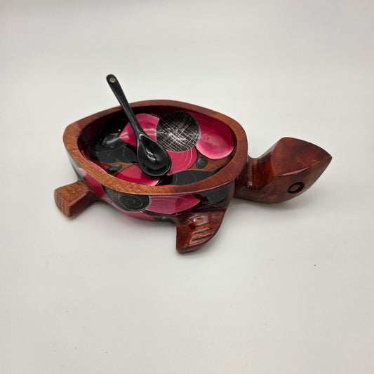 Hand Carved & Painted Wooden Sea Turtle Bowl With Spoon Pink & Black