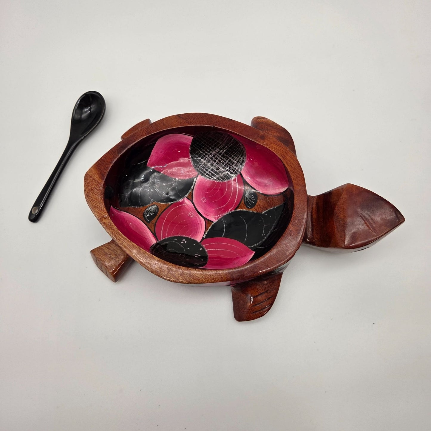 Hand Carved & Painted Wooden Sea Turtle Bowl With Spoon Pink & Black