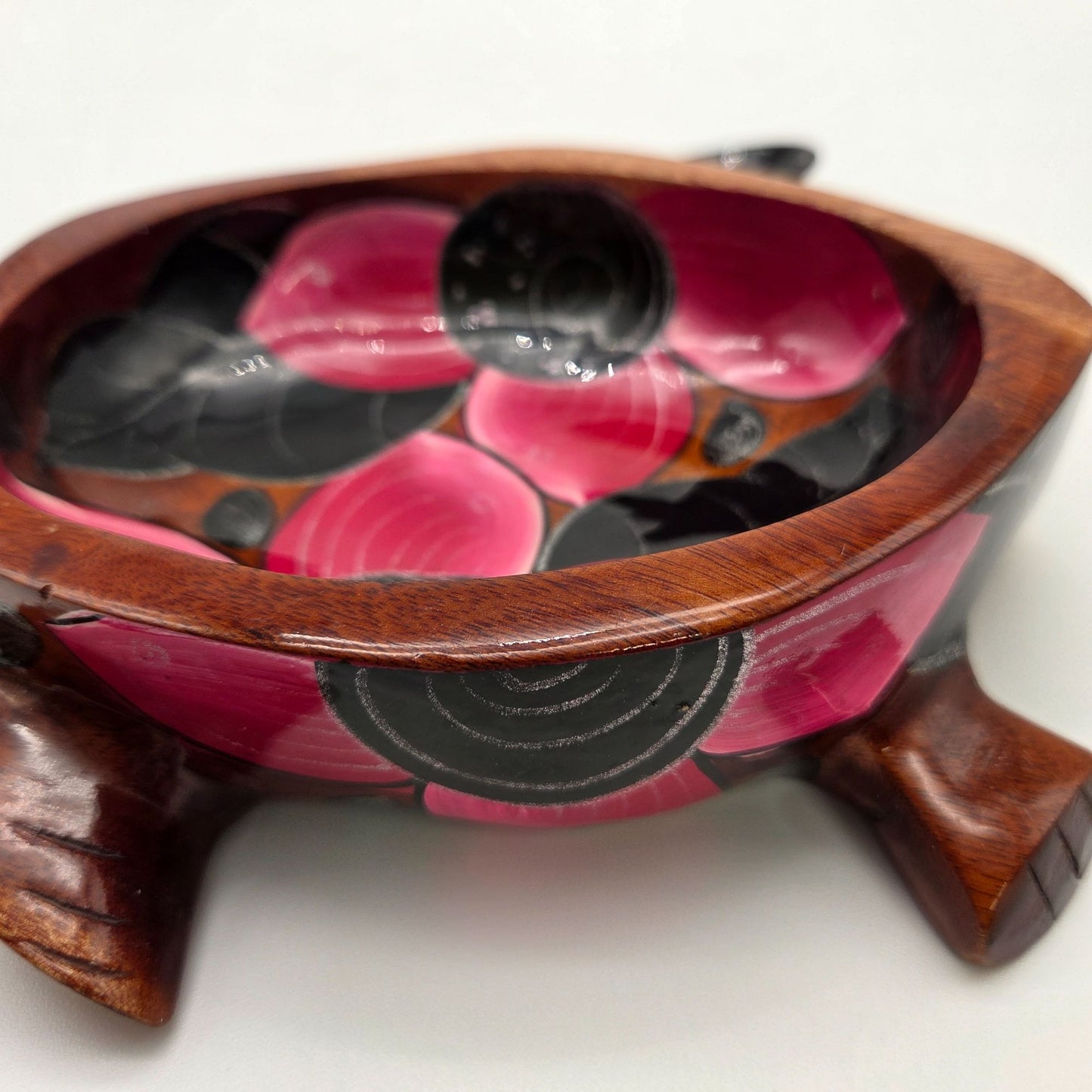 Hand Carved & Painted Wooden Sea Turtle Bowl With Spoon Pink & Black