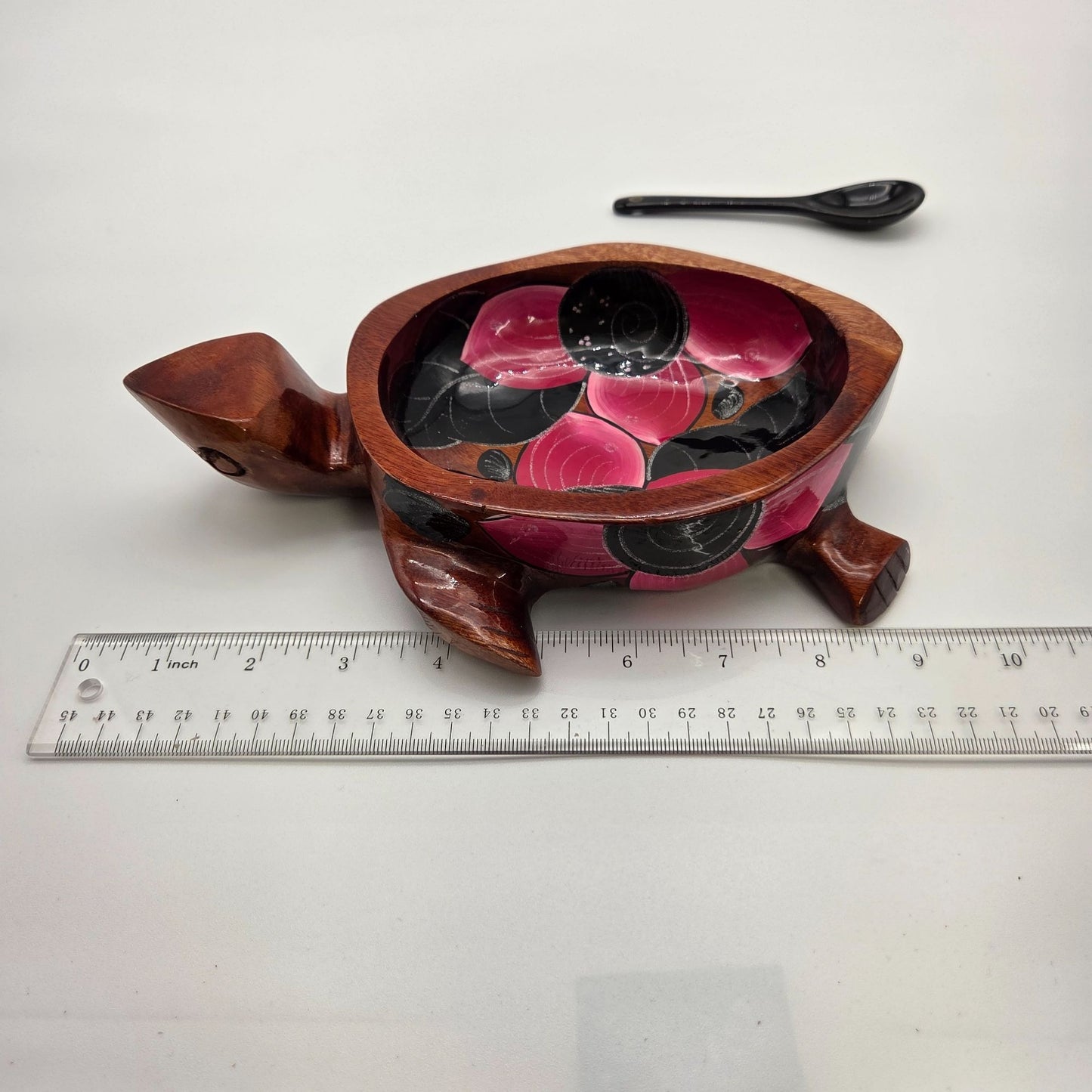 Hand Carved & Painted Wooden Sea Turtle Bowl With Spoon Pink & Black