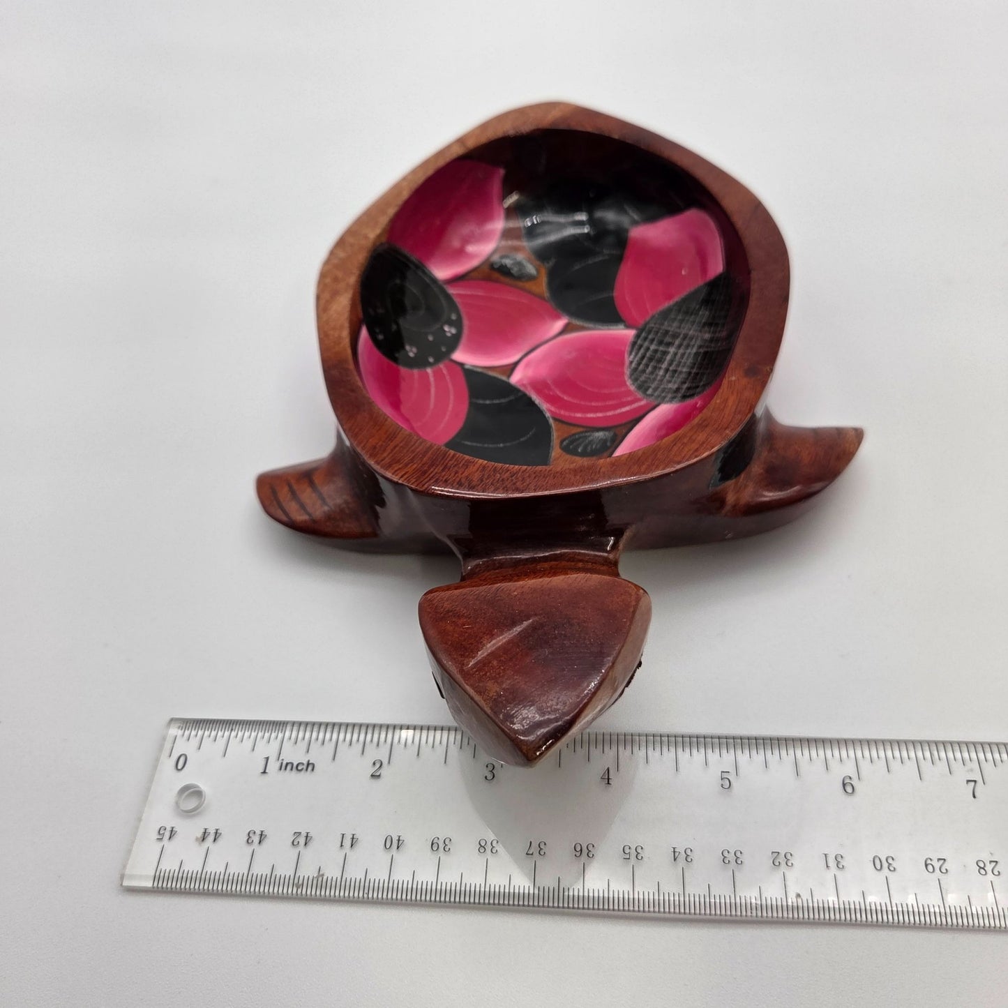 Hand Carved & Painted Wooden Sea Turtle Bowl With Spoon Pink & Black