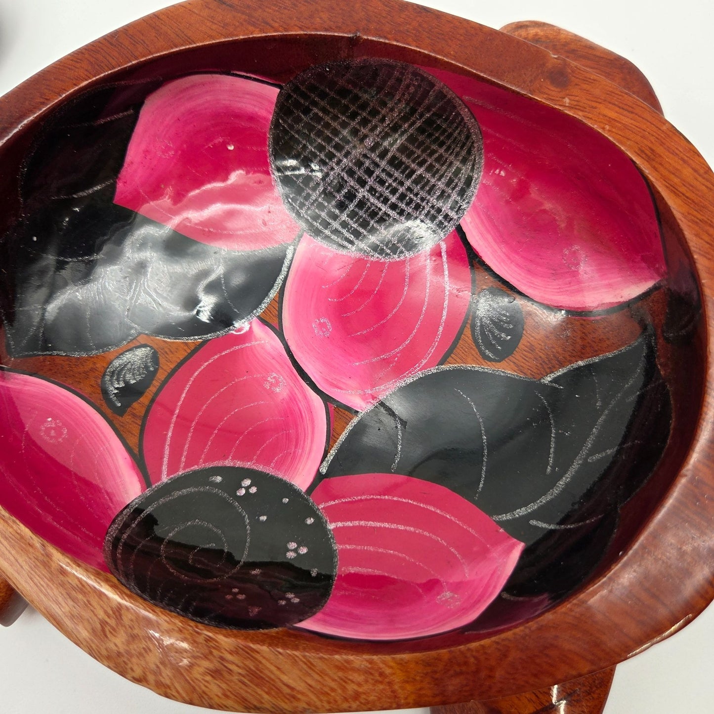 Hand Carved & Painted Wooden Sea Turtle Bowl With Spoon Pink & Black