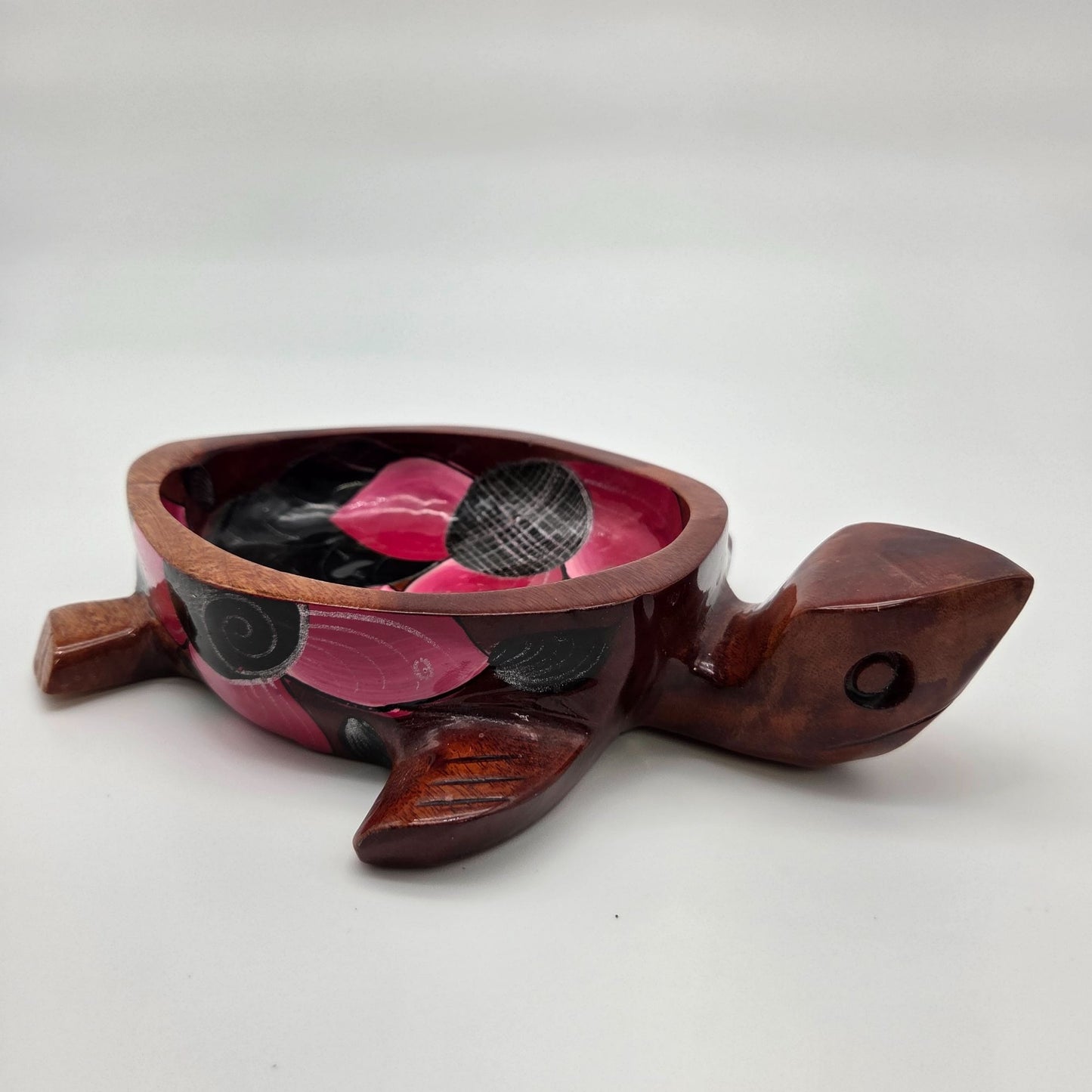 Hand Carved & Painted Wooden Sea Turtle Bowl With Spoon Pink & Black