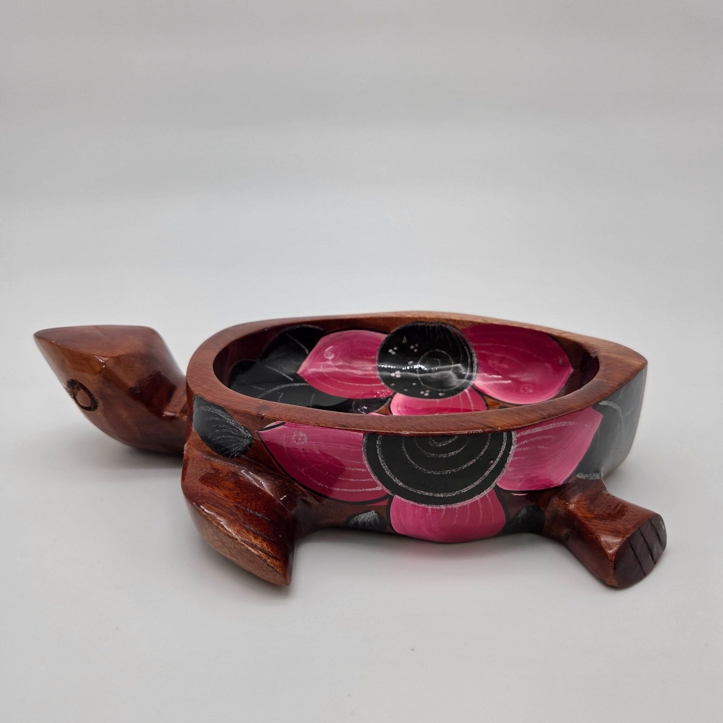 Hand Carved & Painted Wooden Sea Turtle Bowl With Spoon Pink & Black