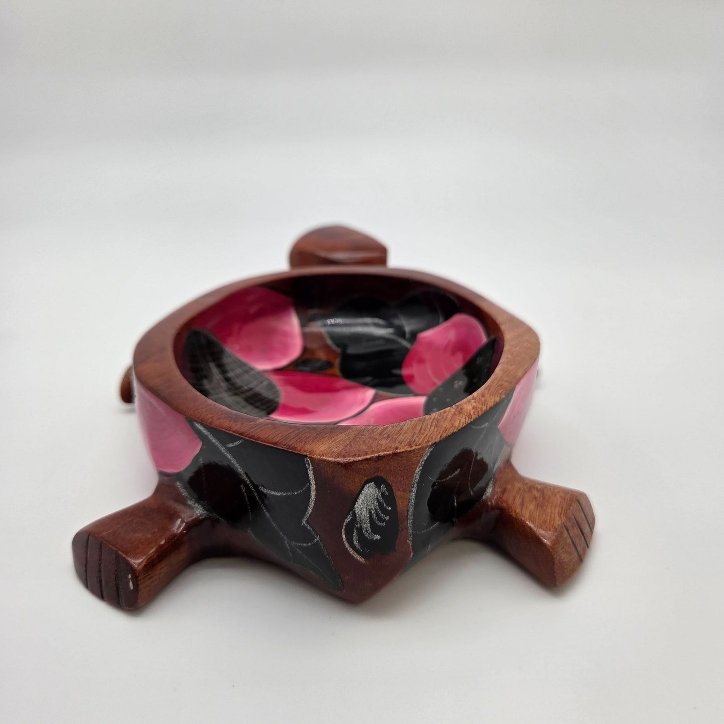 Hand Carved & Painted Wooden Sea Turtle Bowl With Spoon Pink & Black