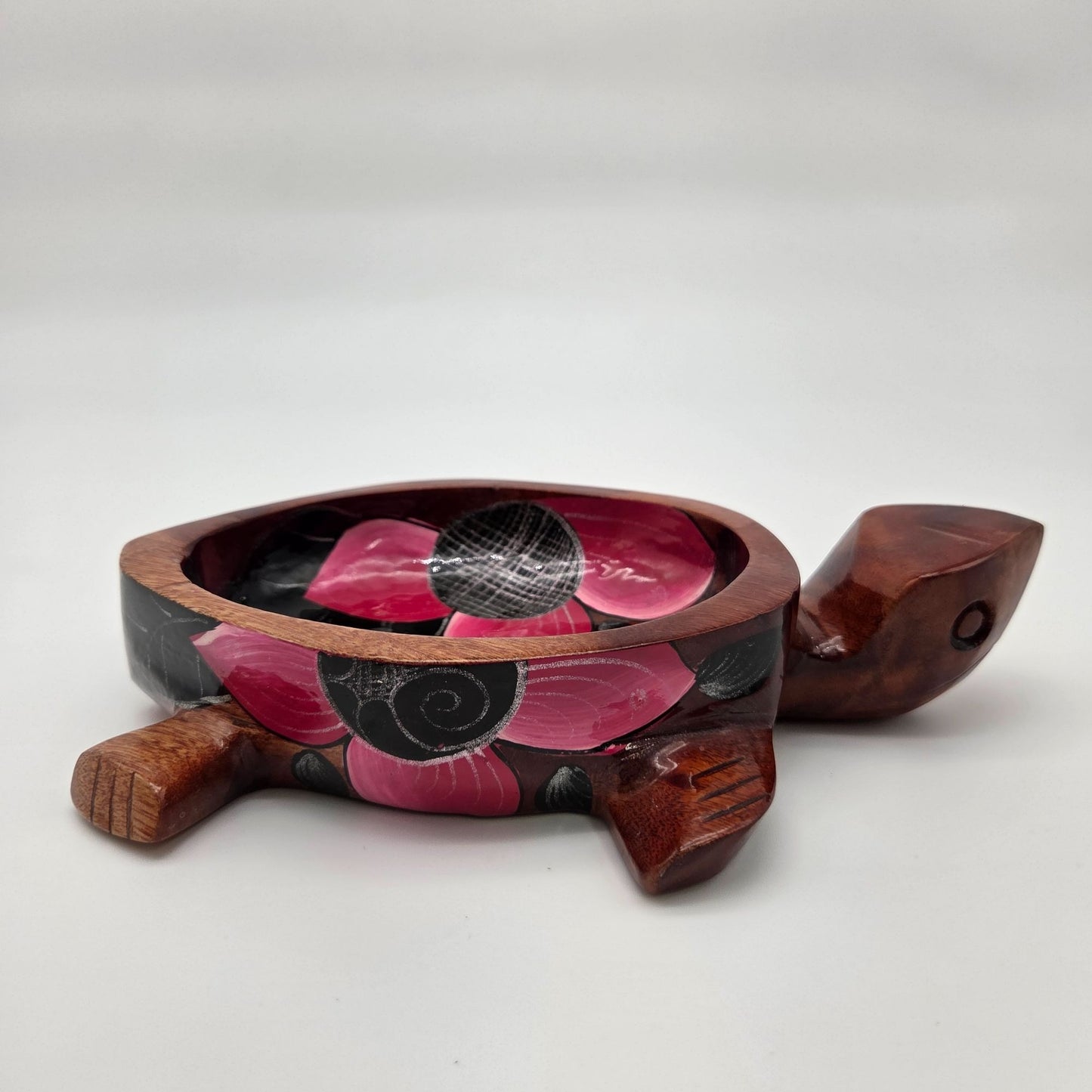 Hand Carved & Painted Wooden Sea Turtle Bowl With Spoon Pink & Black