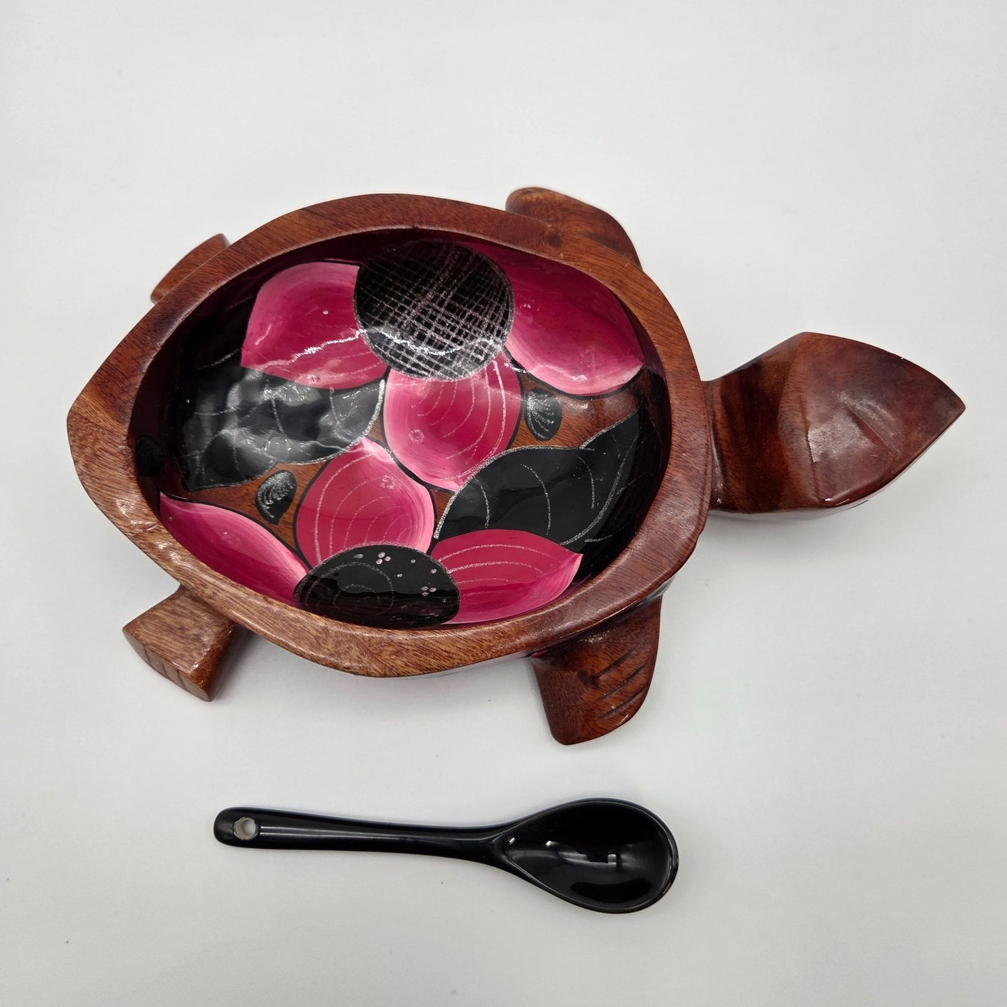 Hand Carved & Painted Wooden Sea Turtle Bowl With Spoon Pink & Black