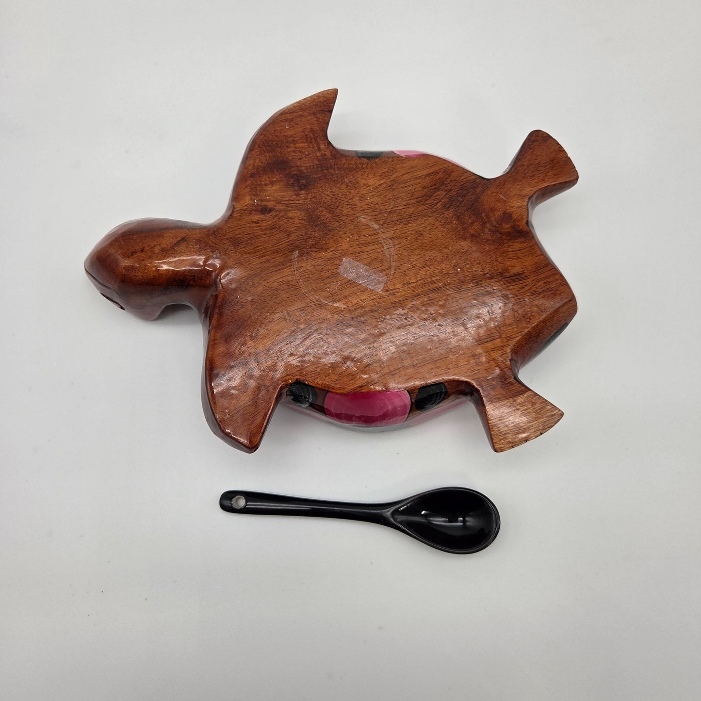 Hand Carved & Painted Wooden Sea Turtle Bowl With Spoon Pink & Black