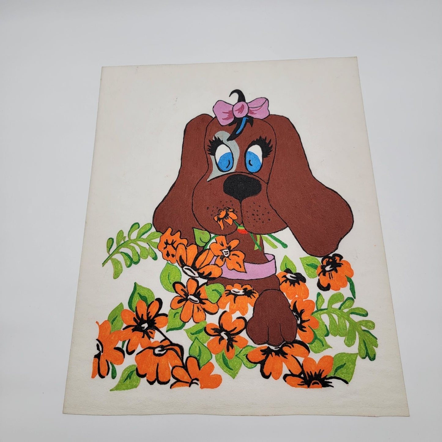 Vintage Hand-Painted Felt Cloth Art Cute Puppy Dog With Orange Flowers