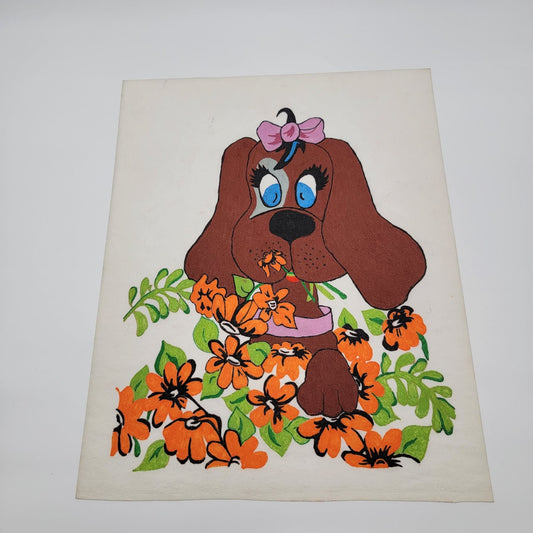 Vintage Hand-Painted Felt Cloth Art Cute Puppy Dog With Orange Flowers