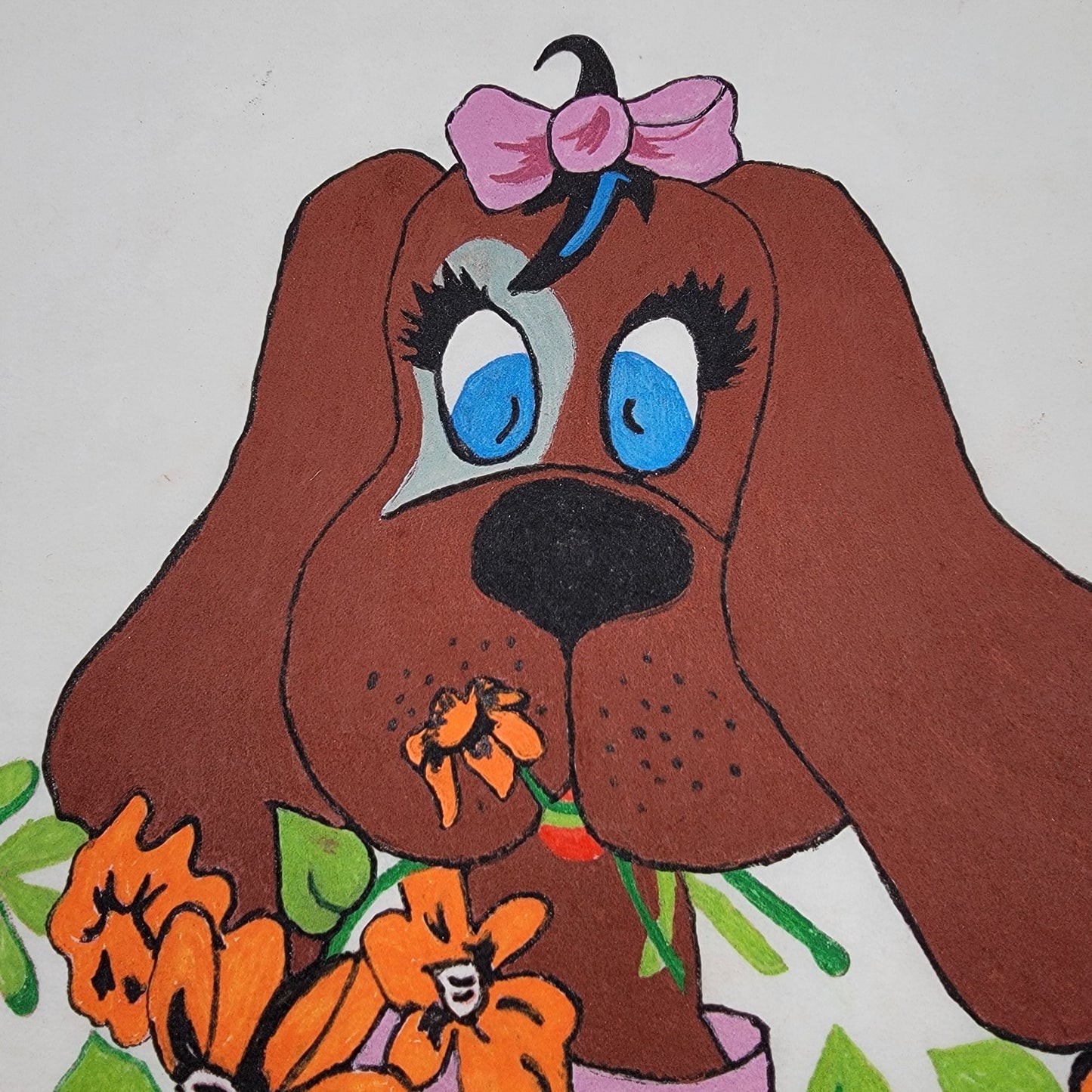 Vintage Hand-Painted Felt Cloth Art Cute Puppy Dog With Orange Flowers