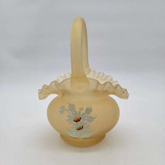 Vintage Westmoreland Yellow Satin Glass Basket  White Daisies