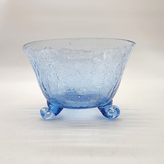 1960s Blue Crackle Glass 3-Footed Bowl