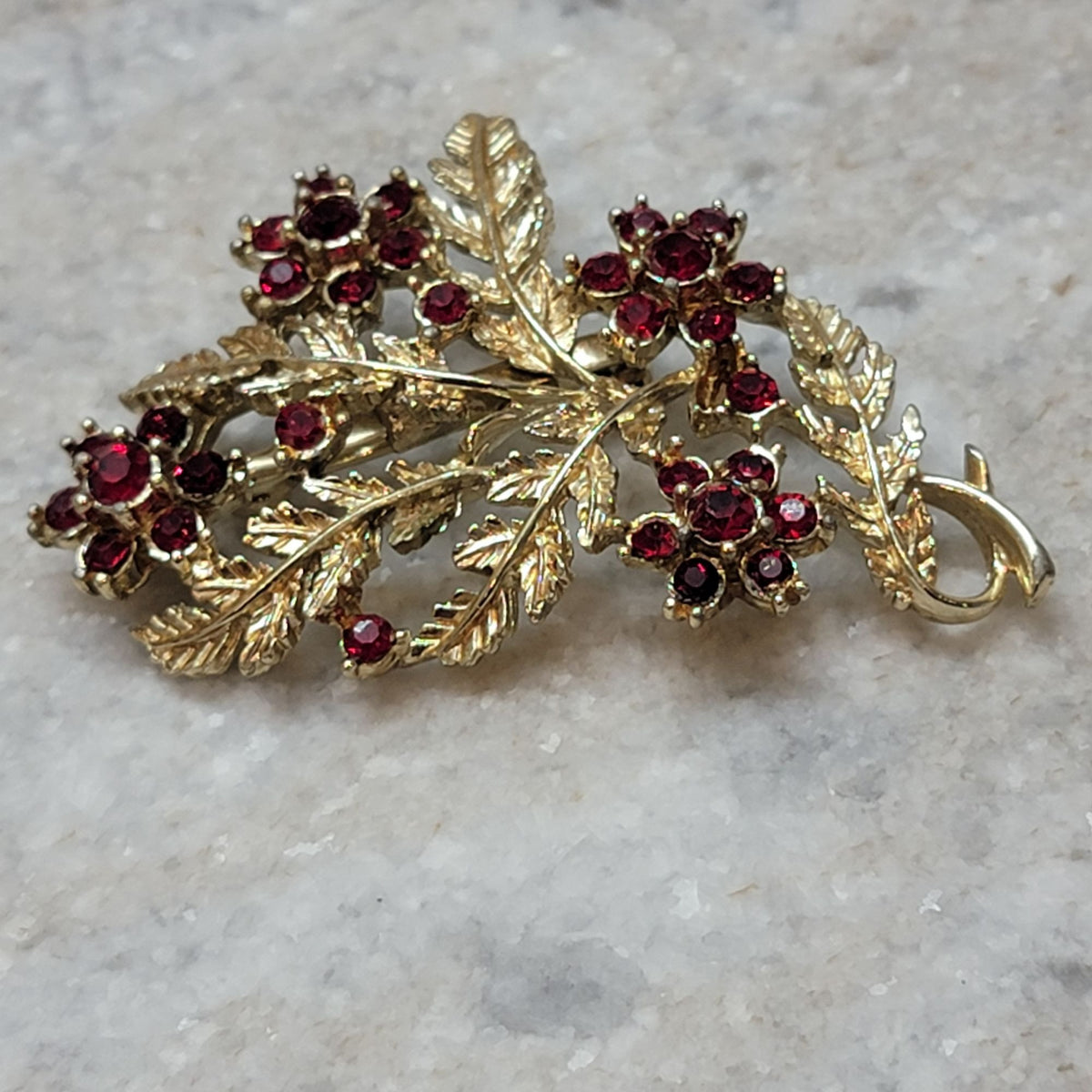 Vintage Red Rhinestone Floral Spray Brooch