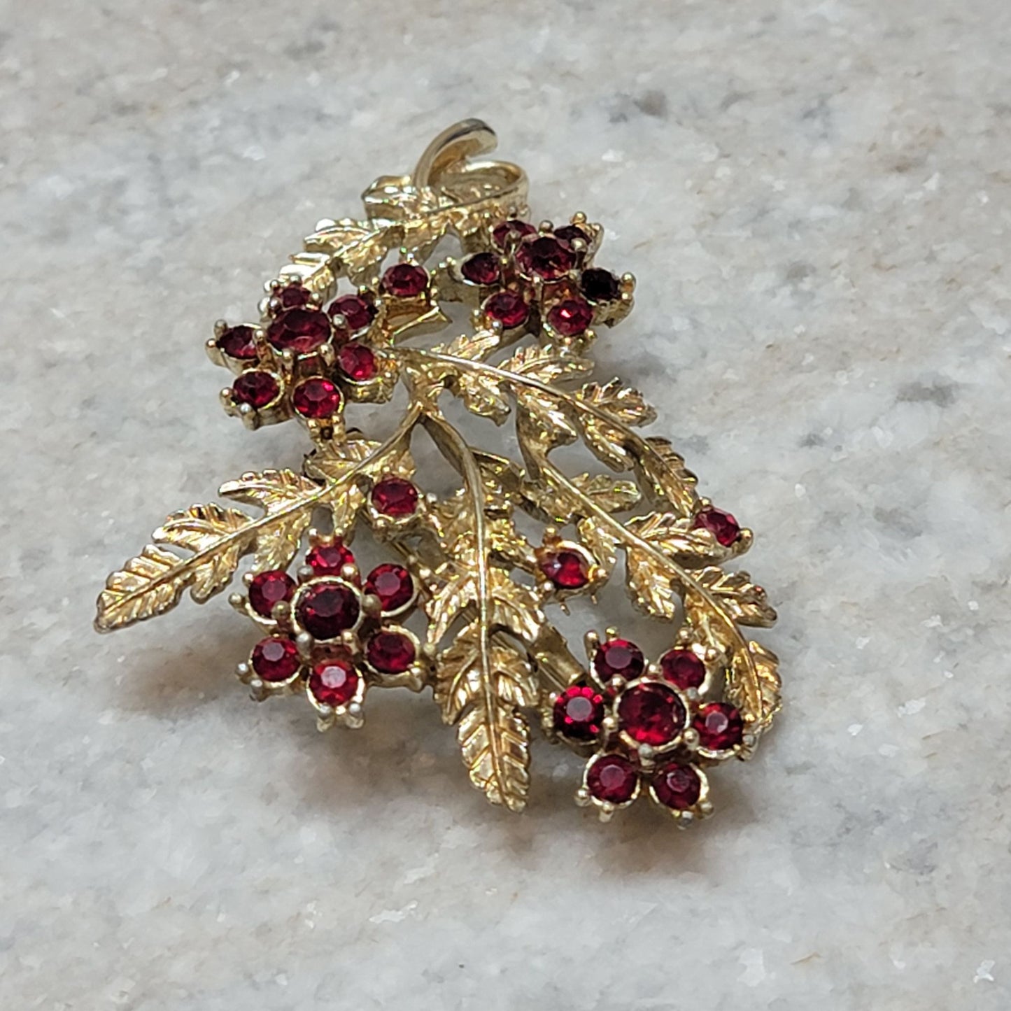 Vintage Red Rhinestone Floral Spray Brooch