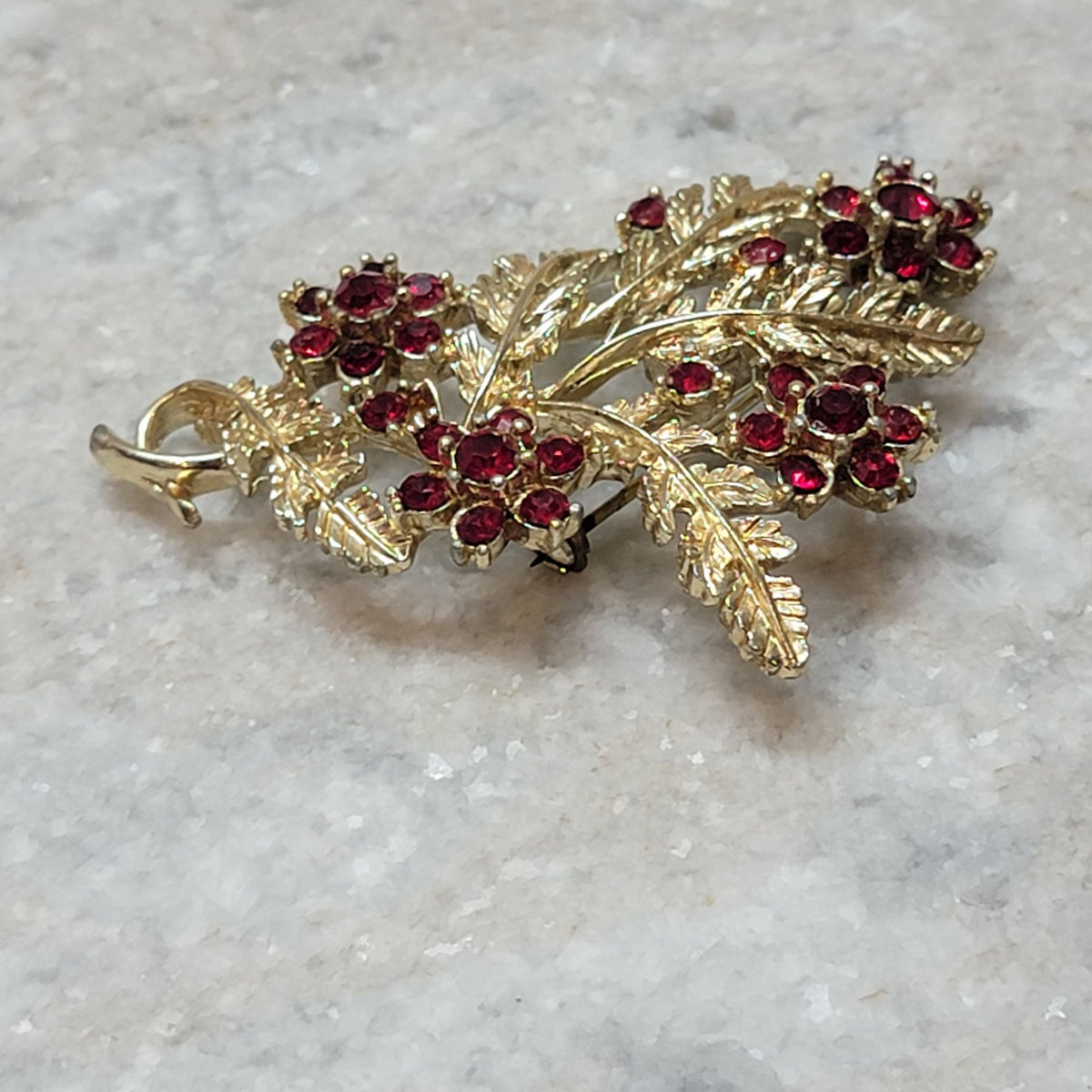 Vintage Red Rhinestone Floral Spray Brooch