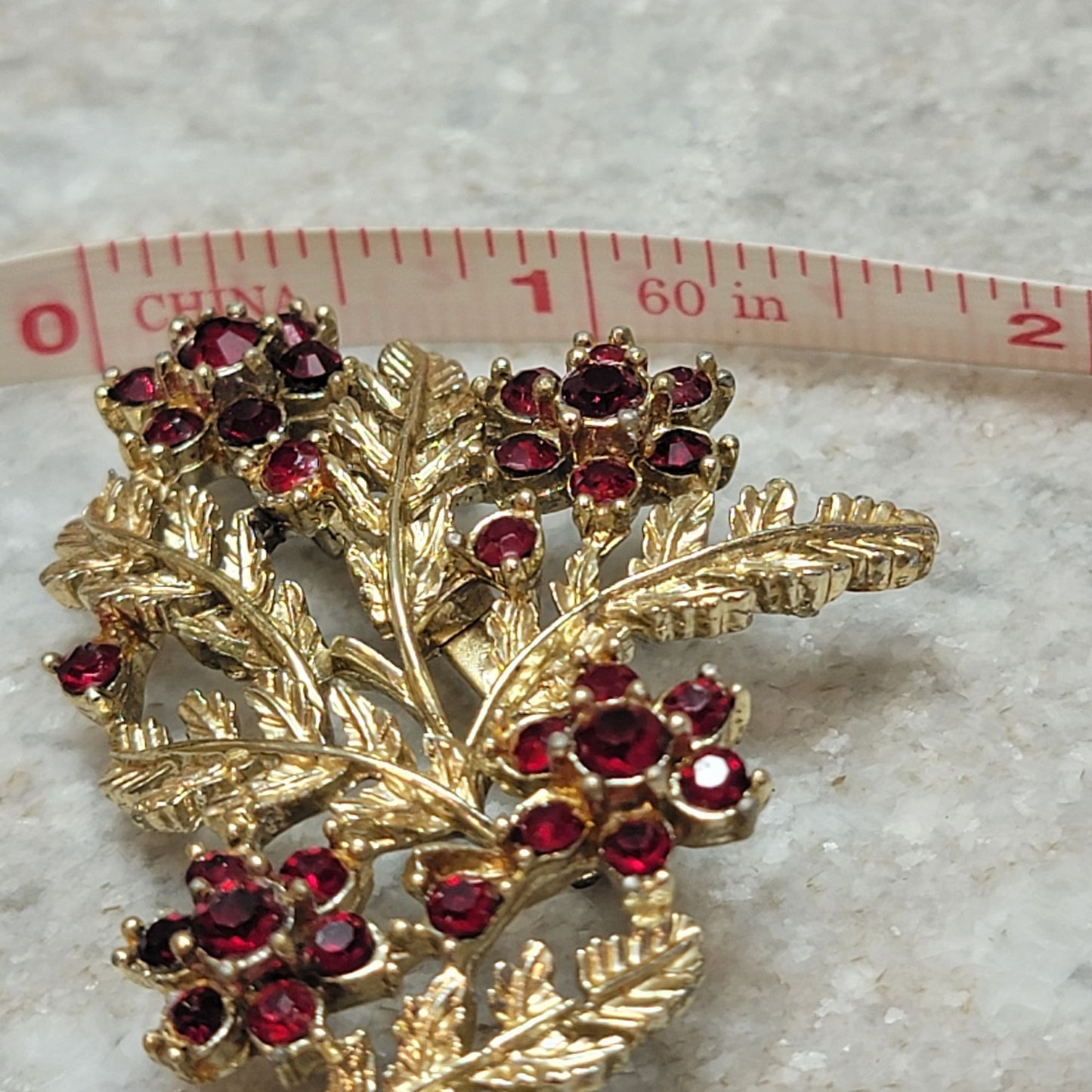 Vintage Red Rhinestone Floral Spray Brooch