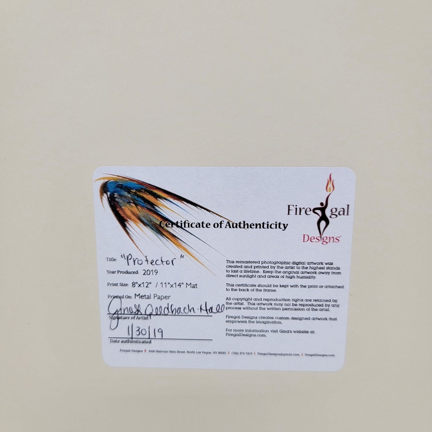 2019 "Protector" By Gina Geldbach-Hall 8"x12" Print  Firegal Designs Certificate Of Authenticity