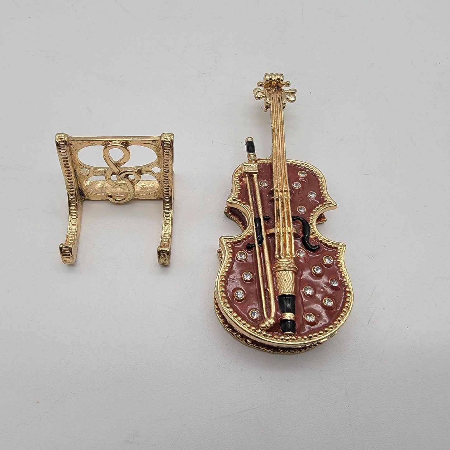 Violin Embellished Rhinestone Trinket Box With Stand