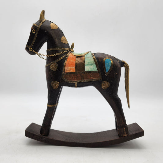 20th Century Solid Wood Carved Rocking Horse Embellished With Copper and Brass Accents Figurine