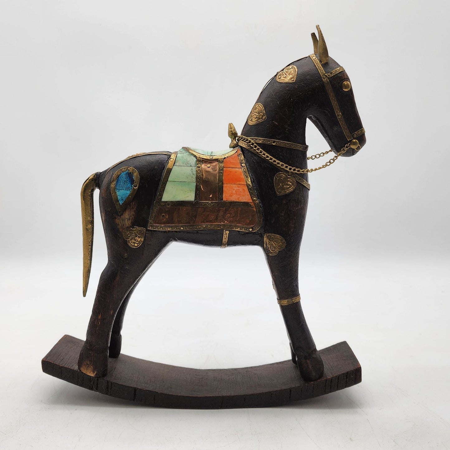 20th Century Solid Wood Carved Rocking Horse Embellished With Copper and Brass Accents Figurine