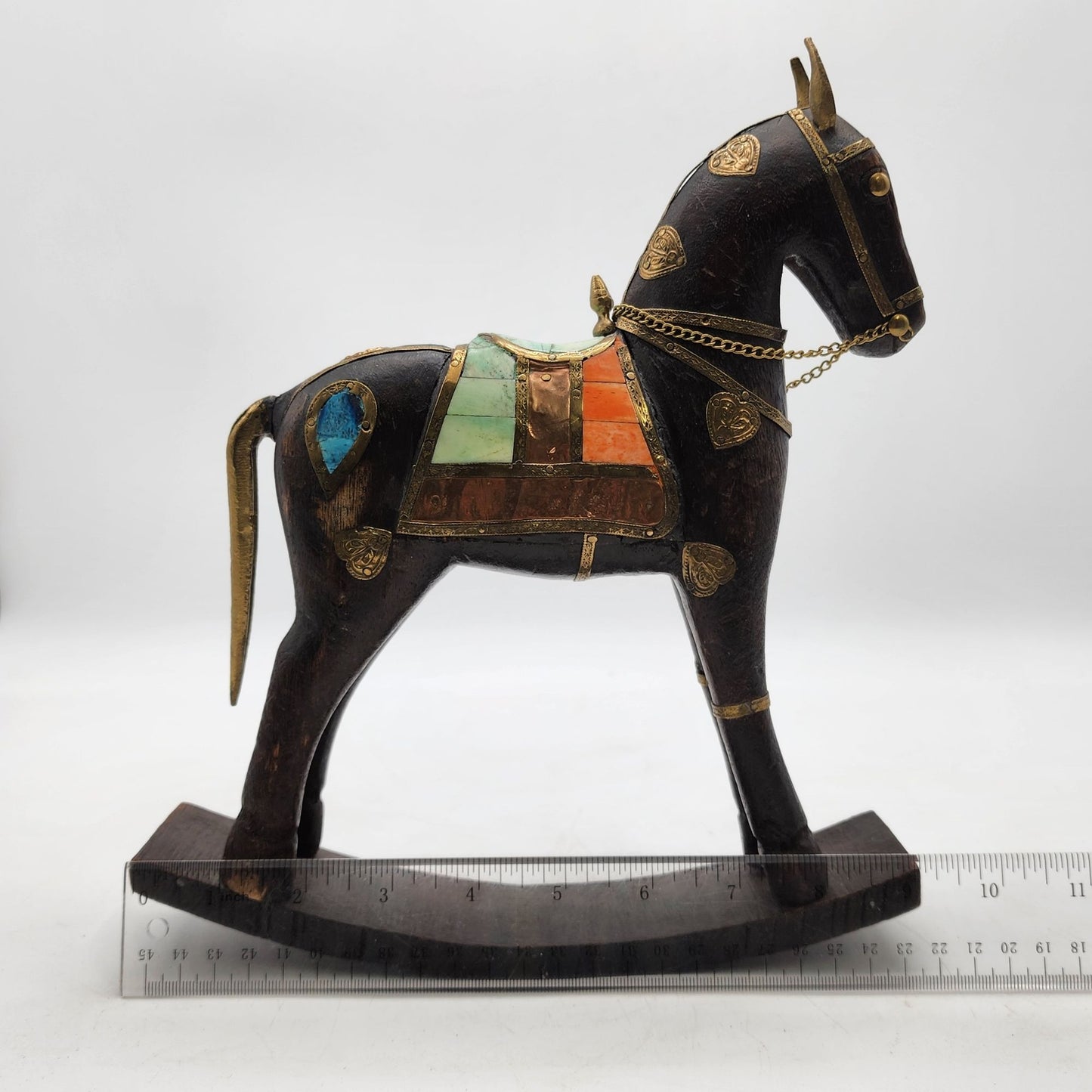 20th Century Solid Wood Carved Rocking Horse Embellished With Copper and Brass Accents Figurine