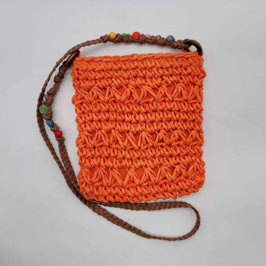 Cappelli Straworld Crochet Raffia Crossbody Purse With Beaded Strap Orange