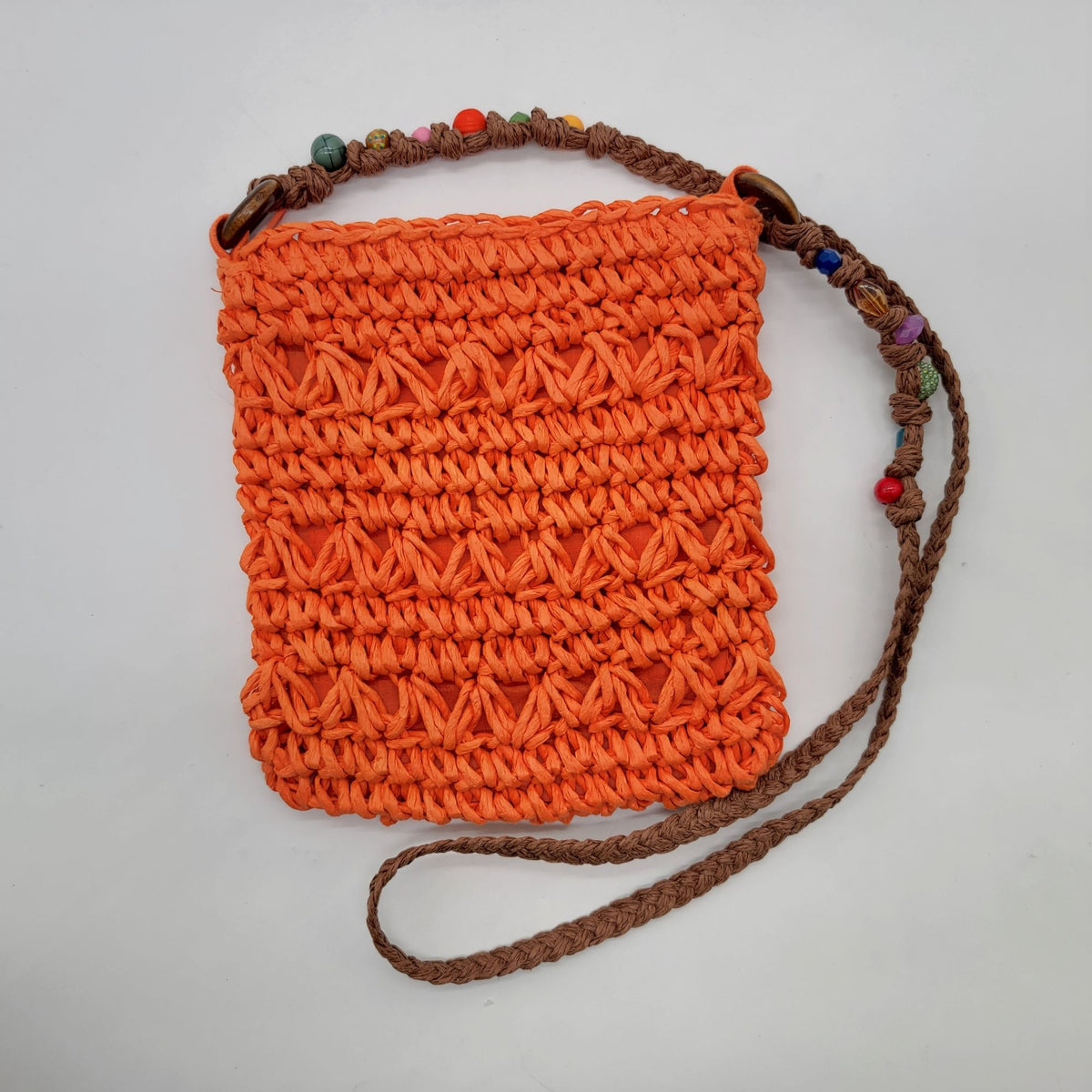 Cappelli Straworld Crochet Raffia Crossbody Purse With Beaded Strap Orange