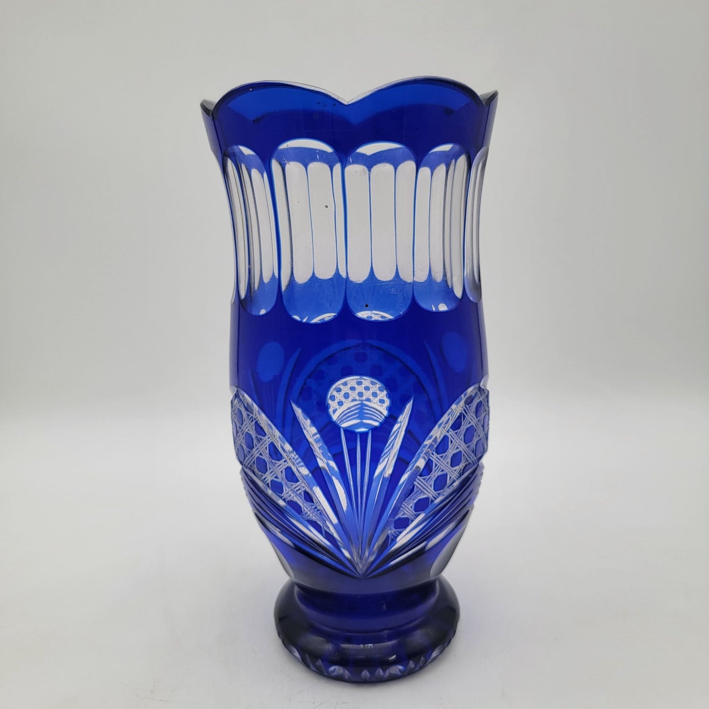 Vintage Hand-Cut Bohemian Cut to Clear Cobalt Blue Glass Vase