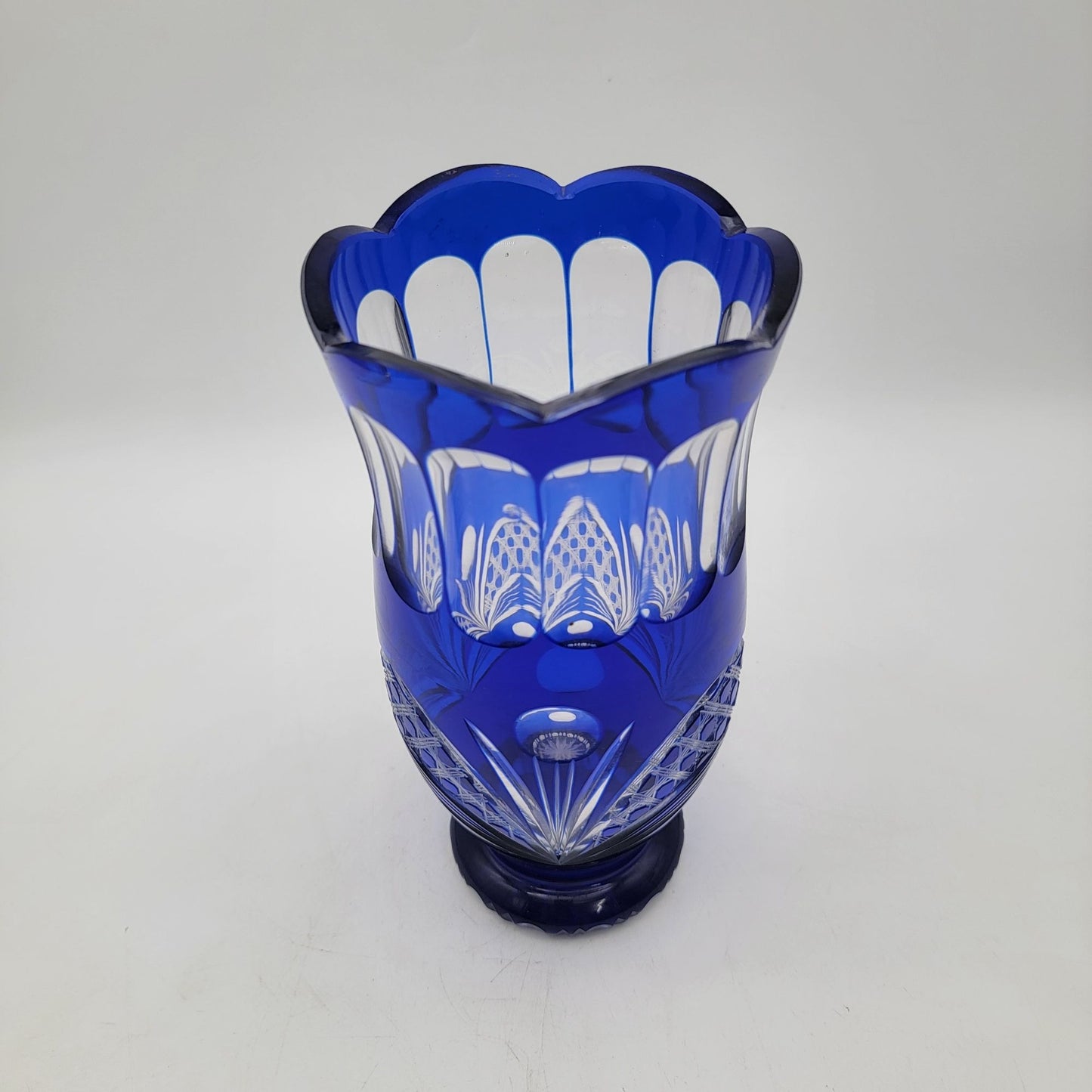 Vintage Hand-Cut Bohemian Cut to Clear Cobalt Blue Glass Vase