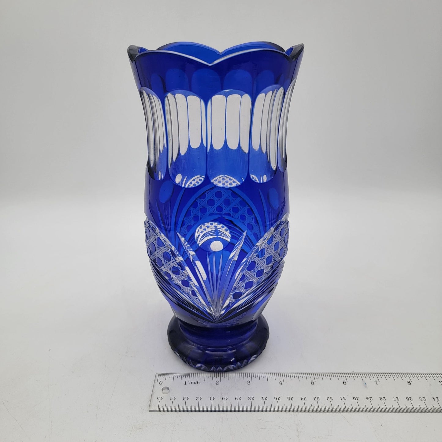 Vintage Hand-Cut Bohemian Cut to Clear Cobalt Blue Glass Vase