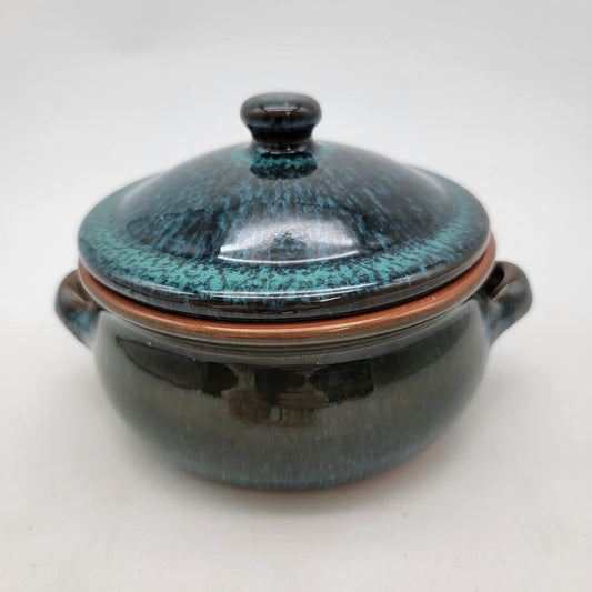 Handcrafted  Spanish Terracotta Art Pottery Bean Pot With Lid Peacock Blue Glaze