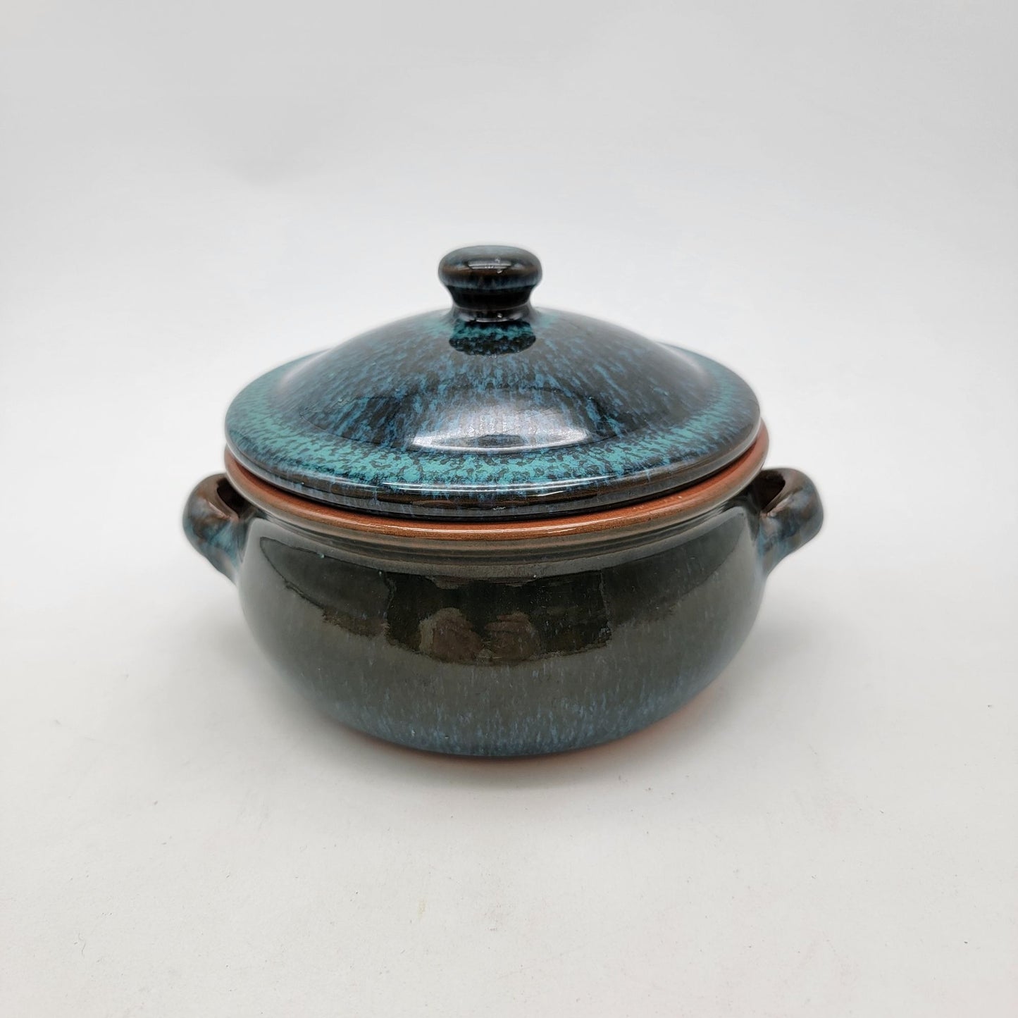 Handcrafted  Spanish Terracotta Art Pottery Bean Pot With Lid Peacock Blue Glaze