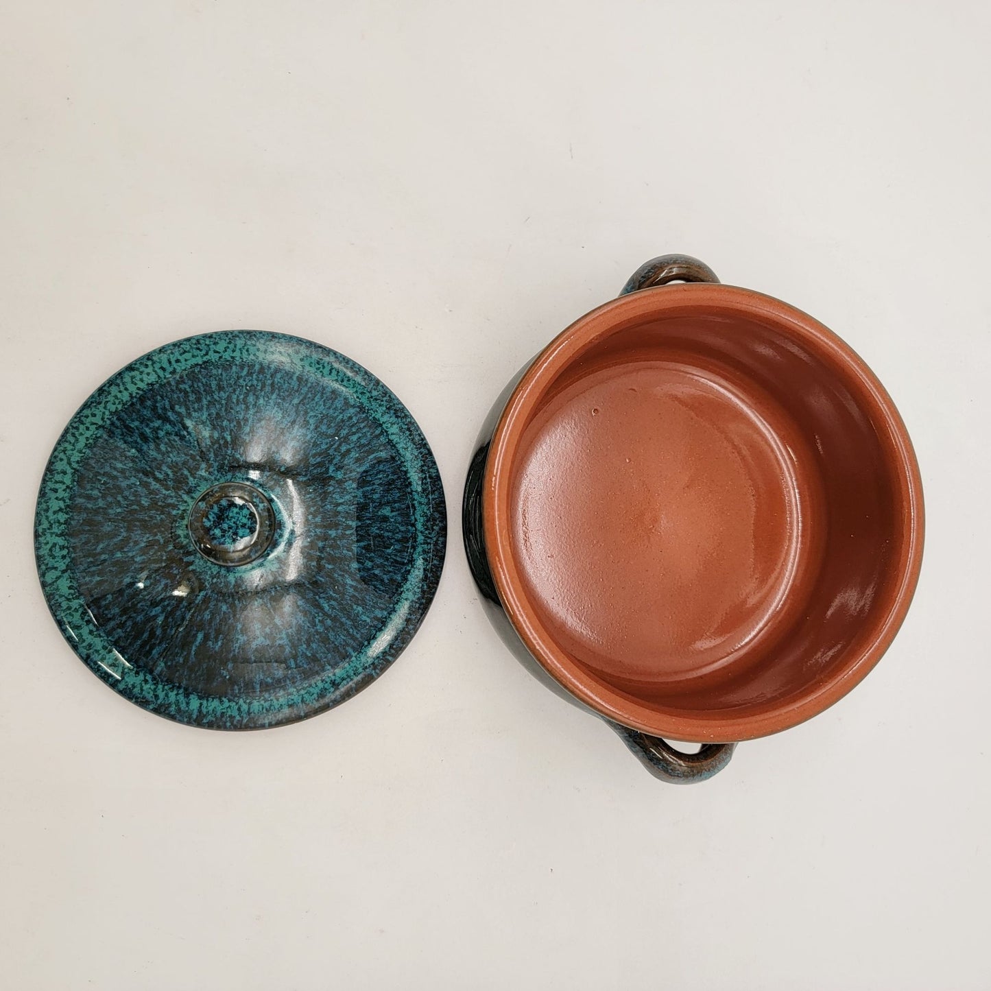 Handcrafted  Spanish Terracotta Art Pottery Bean Pot With Lid Peacock Blue Glaze