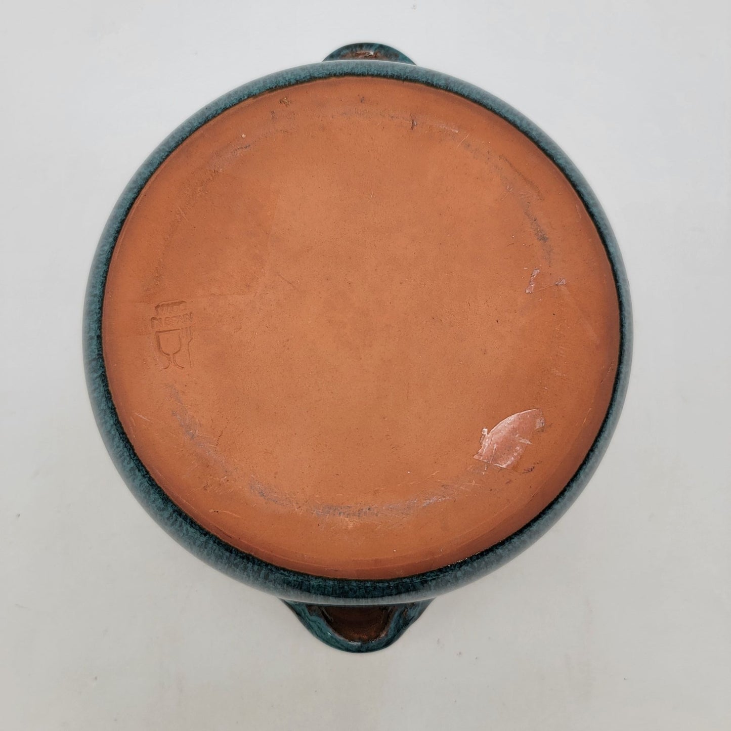 Handcrafted  Spanish Terracotta Art Pottery Bean Pot With Lid Peacock Blue Glaze