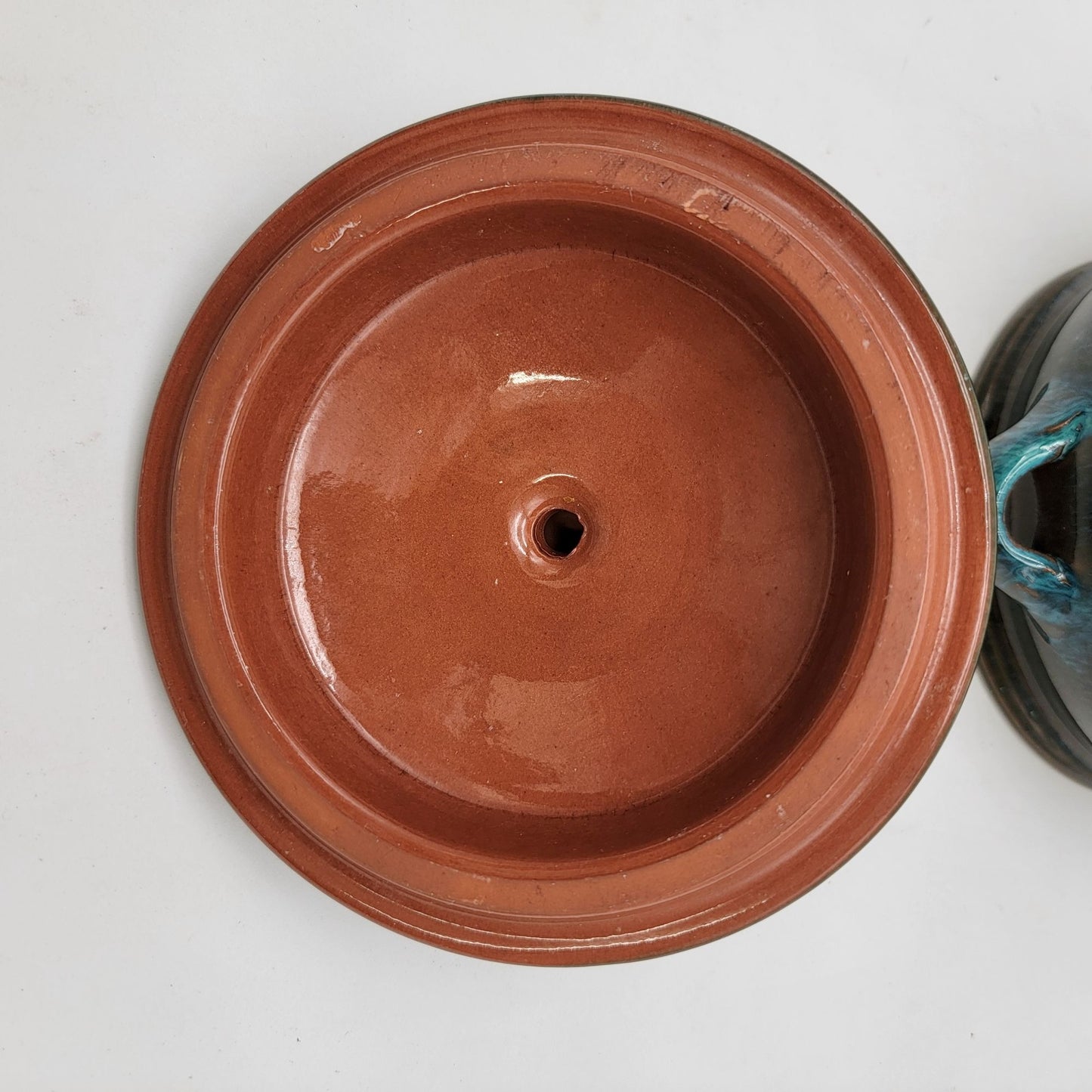 Handcrafted  Spanish Terracotta Art Pottery Bean Pot With Lid Peacock Blue Glaze